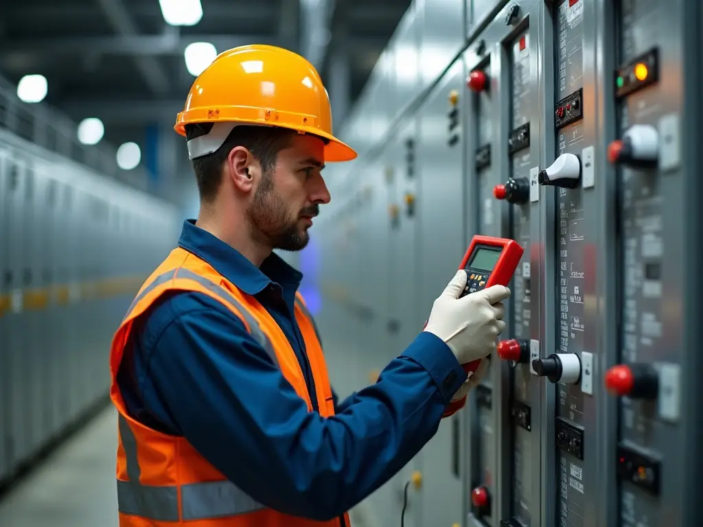 Técnico realizando manutenção em quadro elétrico industrial